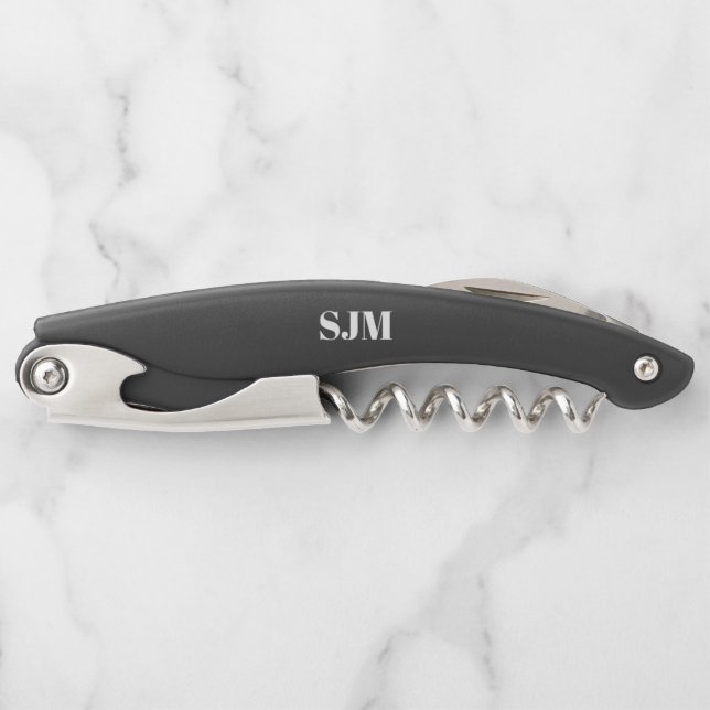 Minimalist black white Custom monogram name Corkscrew (Front)