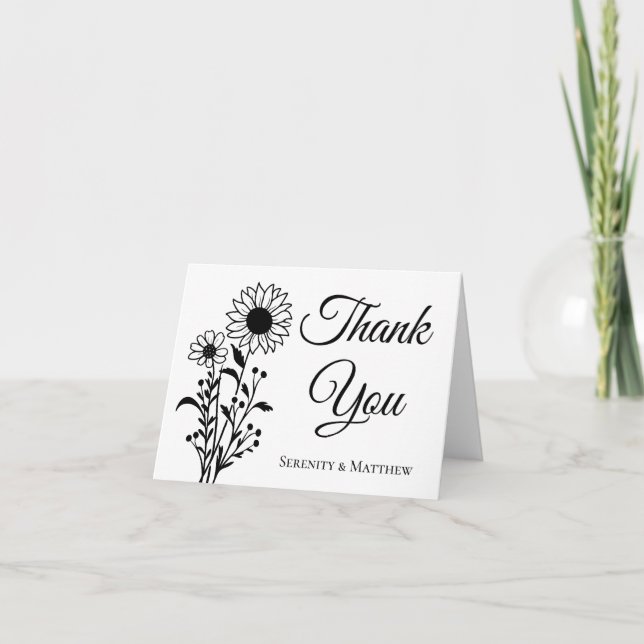 Minimalist Black White Elegant Floral Wedding  Thank You Card (Front)