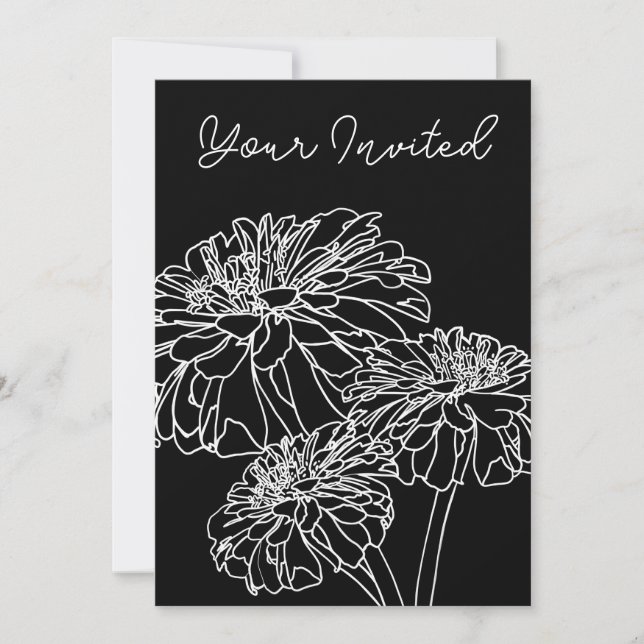 Minimalist black white floral line drawing  invitation (Front)