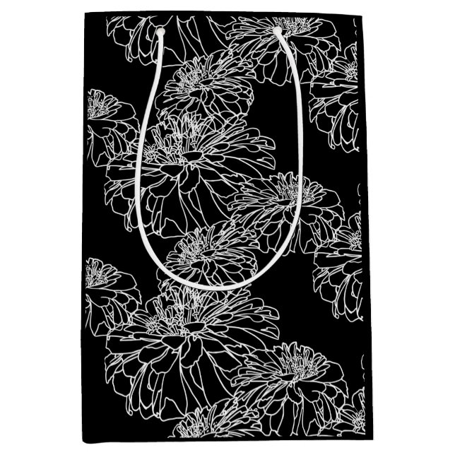 Minimalist black white floral line drawing  medium gift bag (Front)