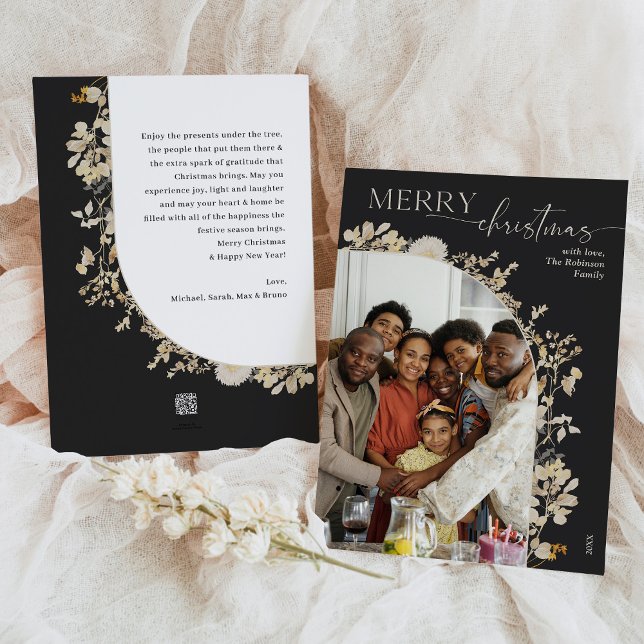 Minimalist Black White Floral Merry Christmas Card (Creator Uploaded)