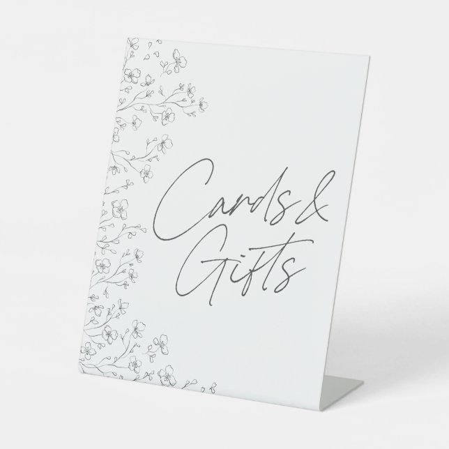 Minimalist Black White Floral Wedding Cards Gifts Pedestal Sign (Front)