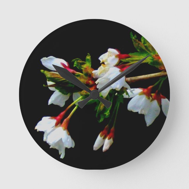 Minimalist Black White flowering Cherry Blossoms Round Clock (Front)