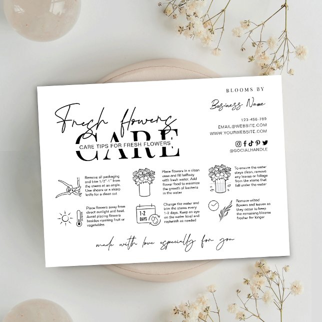Minimalist Black & White Flowers Care Instructions Thank You Card (Creator Uploaded)