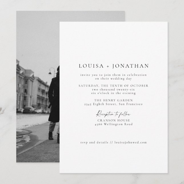 Minimalist Black White Formal Script Photo Wedding Invitation (Front/Back)