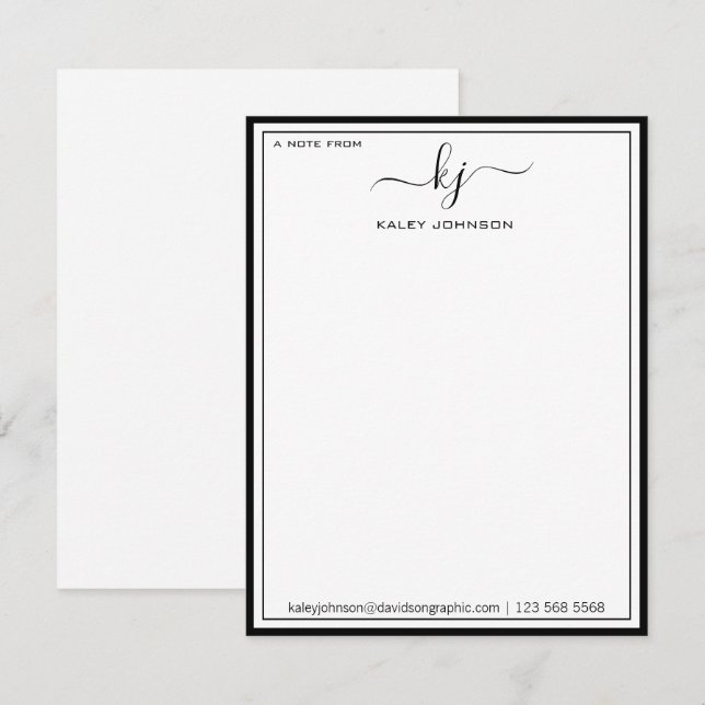 Minimalist Black White From The Desk Of Note Card (Front/Back)