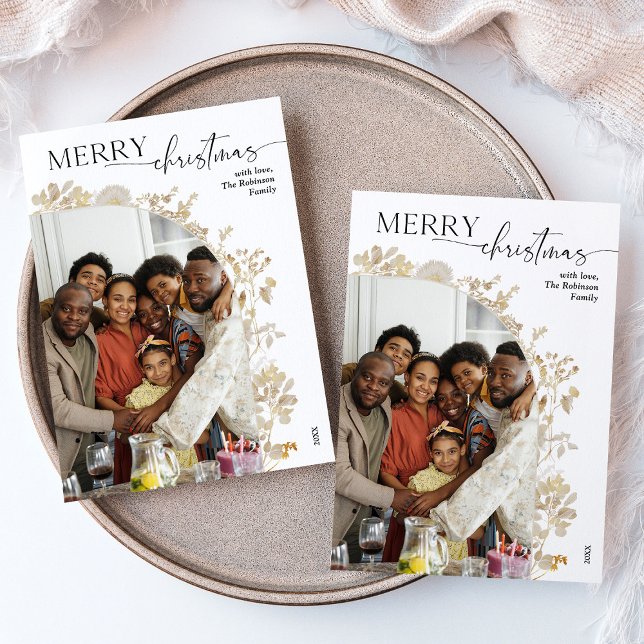 Minimalist Black White Gold 1 Photo Arch Christmas Holiday Card (Creator Uploaded)