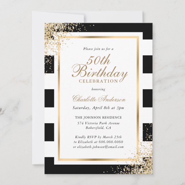 Minimalist Black White Gold Confetti 50th Birthday Invitation (Front)