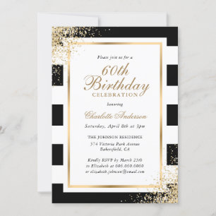 Minimalist Black White Gold Confetti 60th Birthday Invitation