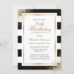Minimalist Black White Gold Confetti 70th Birthday Invitation
