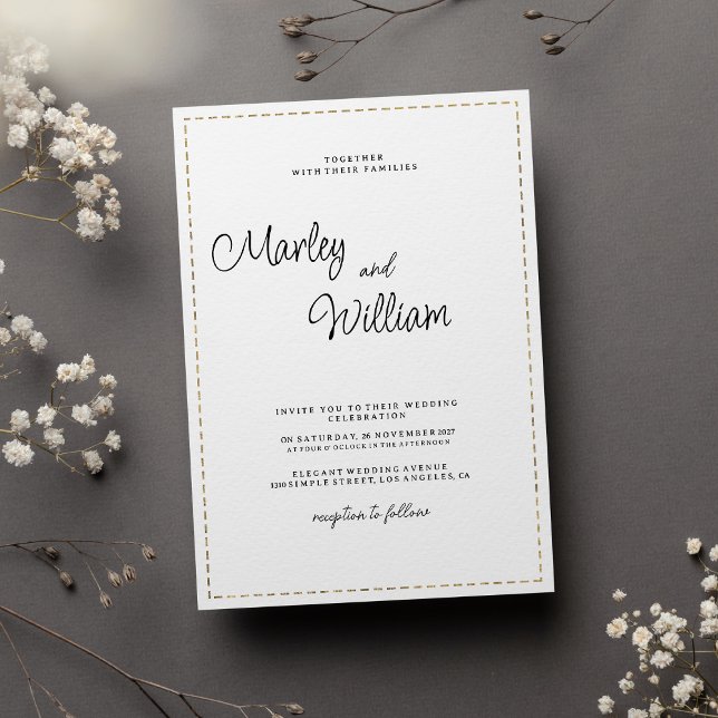 Minimalist black white gold dashed line Wedding Invitation (Minimalist black white gold dashed line Wedding)
