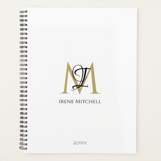 Minimalist Black White Gold Monogram Name Modern Planner (Front)