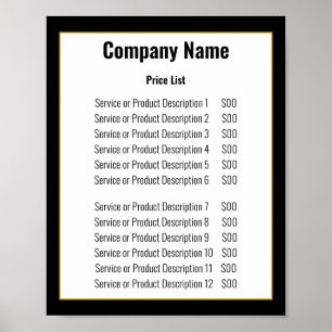 Minimalist Black White Gold Template Price List Poster