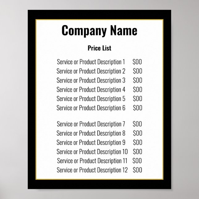 Minimalist Black White Gold Template Price List Poster (Front)