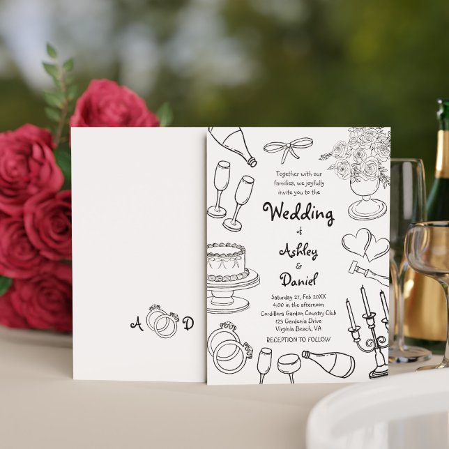 Minimalist Black & White Hand Drawn Doodle Wedding Invitation (Minimalist Black & White Hand Drawn Doodle Wedding Invitation)