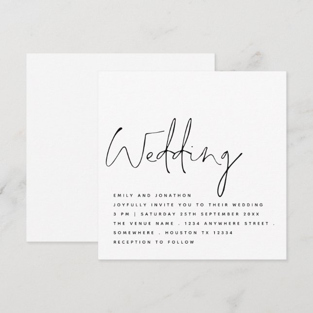 Minimalist Black White Handwriting Script Wedding Invitation (Front/Back)
