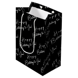 Minimalist Black & White "Happy Birthday" Pattern Medium Gift Bag