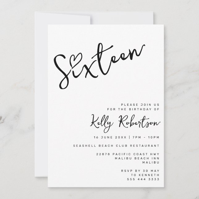 Minimalist Black White Heart Script Sweet Sixteen Invitation (Front)