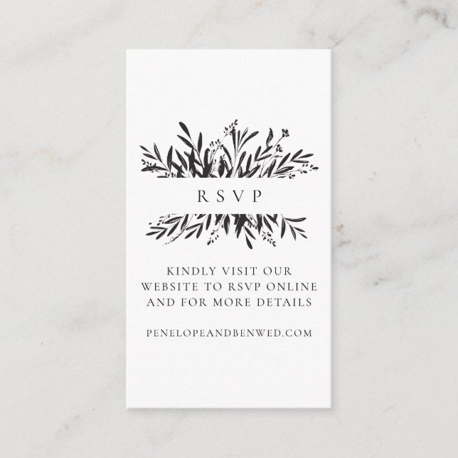 Minimalist Black White Ink Botanical Wedding RSVP Enclosure Card (Front)