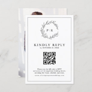 Minimalist Black & White Leaf Modern QR Code Photo RSVP Card