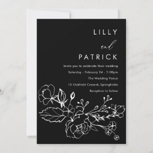  Minimalist Black & White Lineart Floral Wedding Invitation