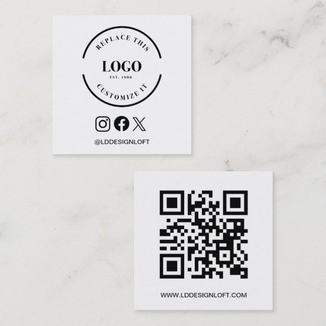 Minimalist Black White Logo Website Social Custom Square Business Card (Front/Back)