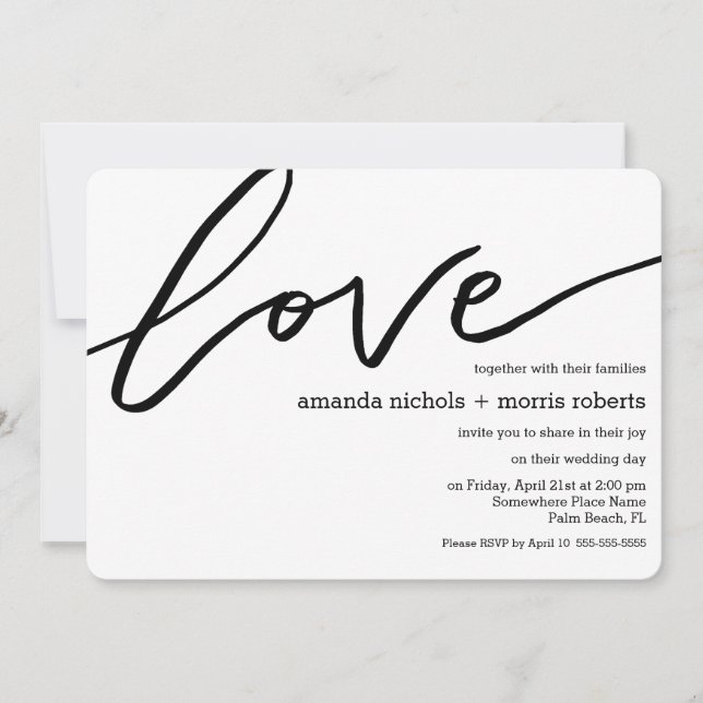 Minimalist Black White Love Typography Wedding Invitation (Front)
