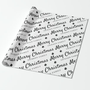 Minimalist Black White Merry Christmas Family Name Wrapping Paper