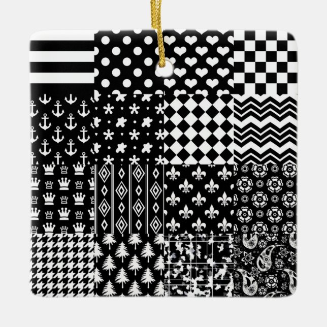 Minimalist Black White Mixed Pattern Style  Ceramic Ornament (Front)