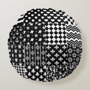 Minimalist Black White Mixed Pattern Style Round Cushion