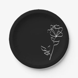 Minimalist Black White Modern Floral  Paper Plates