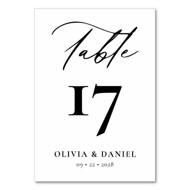 Minimalist Black White Modern Wedding Table Number (Front)