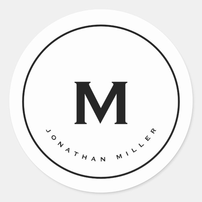 Minimalist Black White Monogram Classic Round Sticker (Front)