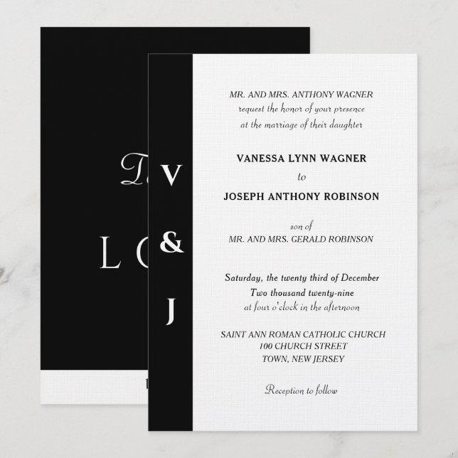 Minimalist Black White Monogram  Invitation (Front/Back)