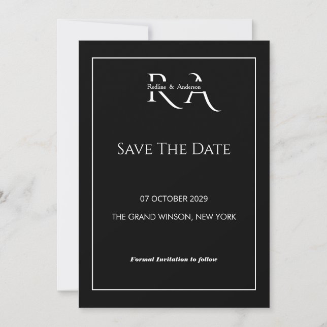 Minimalist Black & White Monogram Save the Date  Invitation (Front)