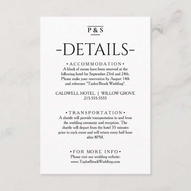 Minimalist Black & White Monogram Wedding Details Enclosure Card (Front)
