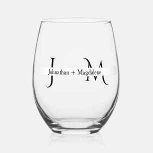 Minimalist Black & White Monogram Wedding Stemless Wine Glass