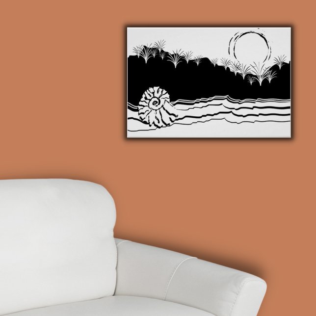 Minimalist Black & White Morning Calm At The Beach Poster (Abstract Black and  White Beach Scene, poster on orange wall)