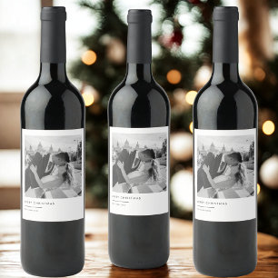 Minimalist Black & White Photo Christmas Wine Label