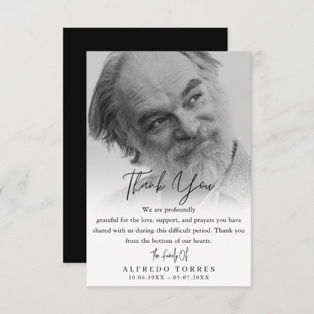 Minimalist Black & White Photo Funeral Sympathy  Thank You Card (Front/Back)