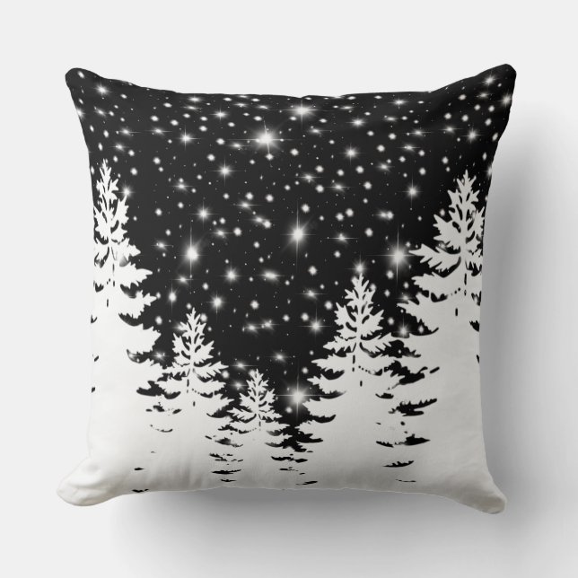Minimalist black white pine forest night sky stars cushion (Front)
