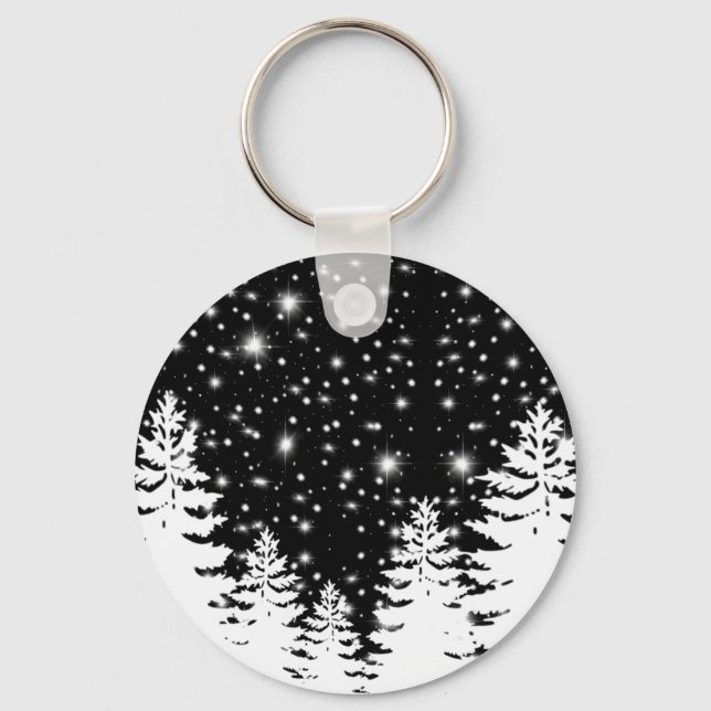 Minimalist black white pine forest night sky stars key ring (Front)