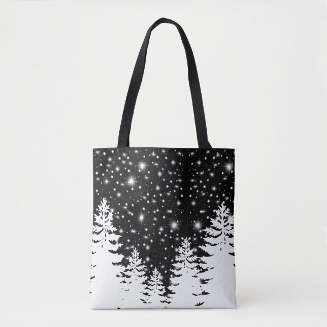 Minimalist black white pine forest night sky stars tote bag (Front)