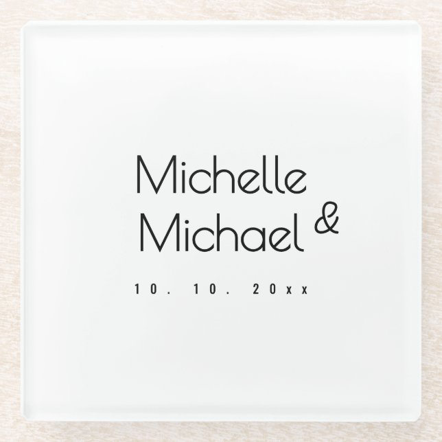 Minimalist Black & White Professional Modern Names Glass Coaster (Front)