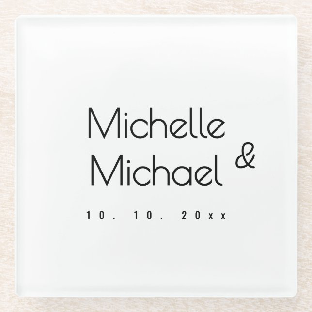 Minimalist Black & White Professional Modern Names Glass Coaster (Front)