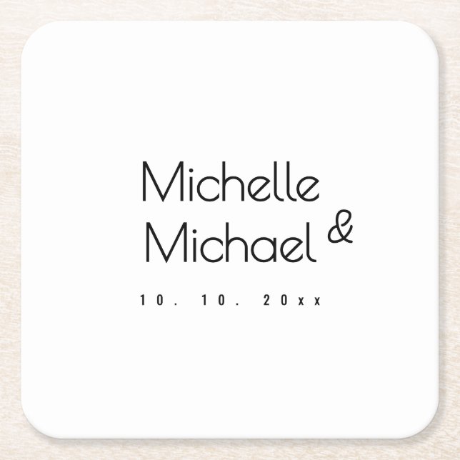 Minimalist Black & White Professional Modern Names Square Paper Coaster (Front)