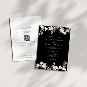 Minimalist Black White QR Code Floral Wedding Invitation