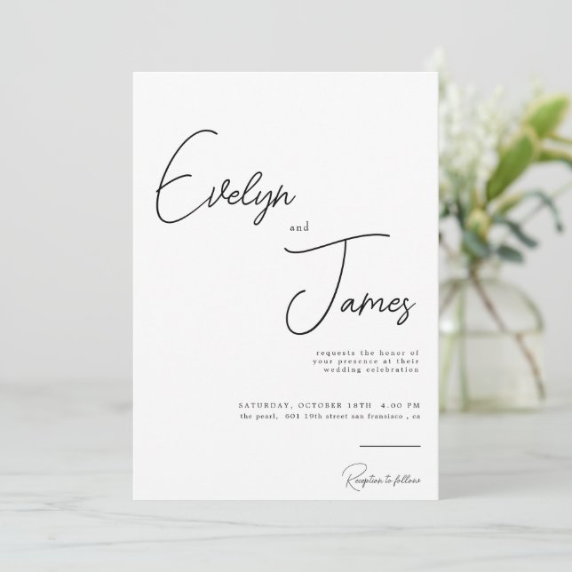 Minimalist Black & White Romantic Modern Wedding Invitation (Standing Front)
