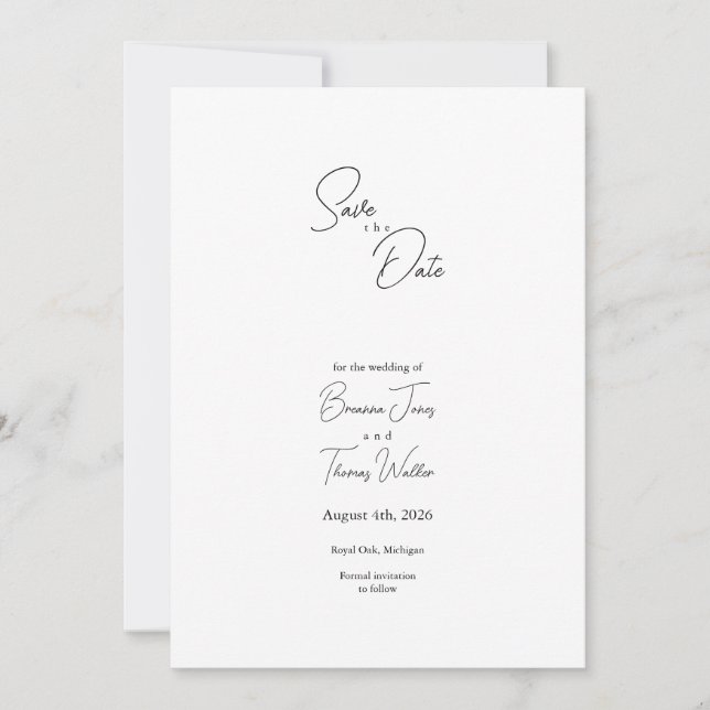 Minimalist Black White Save the Date Card (Front)