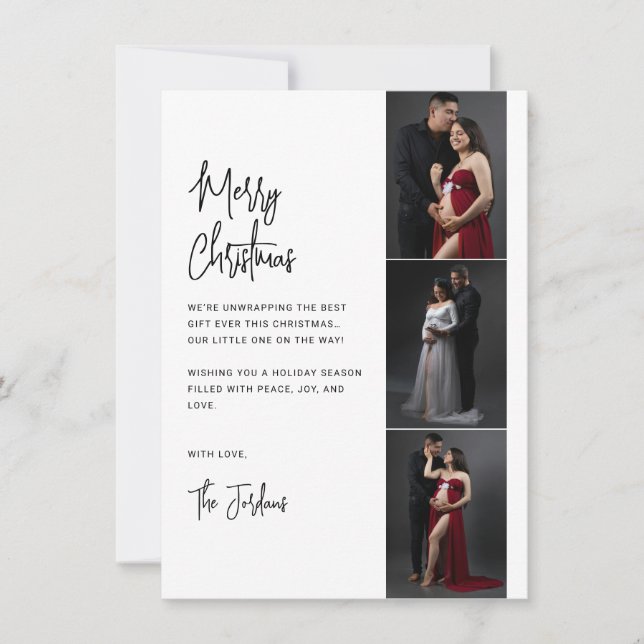 Minimalist Black & White Script 3 Photo Strips Holiday Card (Front)